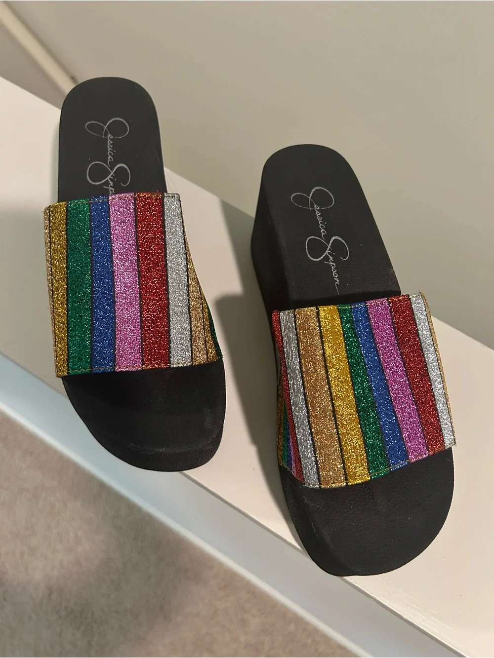Jessica Simpson Multicolor Glitter Stripe Slide Sandals size 7